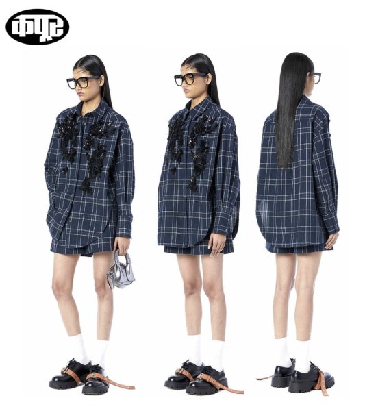 画像5: DHRUV KAPOOR - Handcrafted Scooped Hem Shirt  スパンコール刺繍チェックシャツ (5)