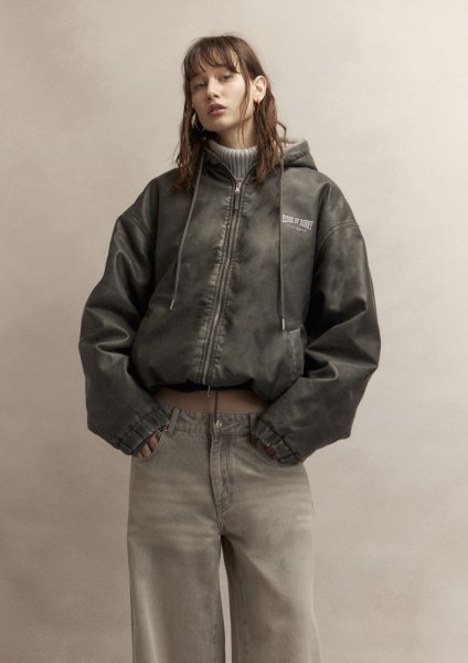 画像2: ［HOUSE OF SUNNY］Vegan Leather Hoodie Jacket  ヴィーガンレザーフーディジャケット - Dark Grey (2)