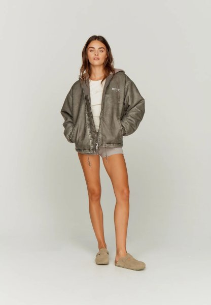 画像4: ［HOUSE OF SUNNY］Vegan Leather Hoodie Jacket  ヴィーガンレザーフーディジャケット - Dark Grey (4)