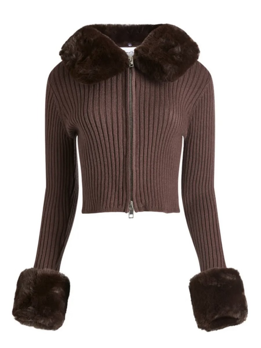 画像1: ［HOUSE OF SUNNY］Chocolate Peggy  脱着ボア付きジップアップニット - Brown (1)