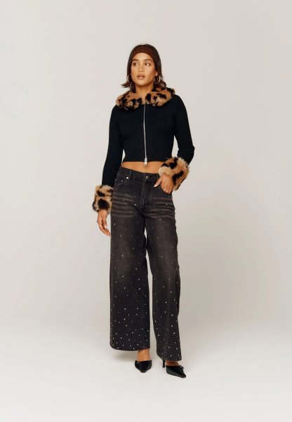 画像3: ［HOUSE OF SUNNY］PEGGY CARDIGAN 脱着ボア付きジップアップニット- Black (3)