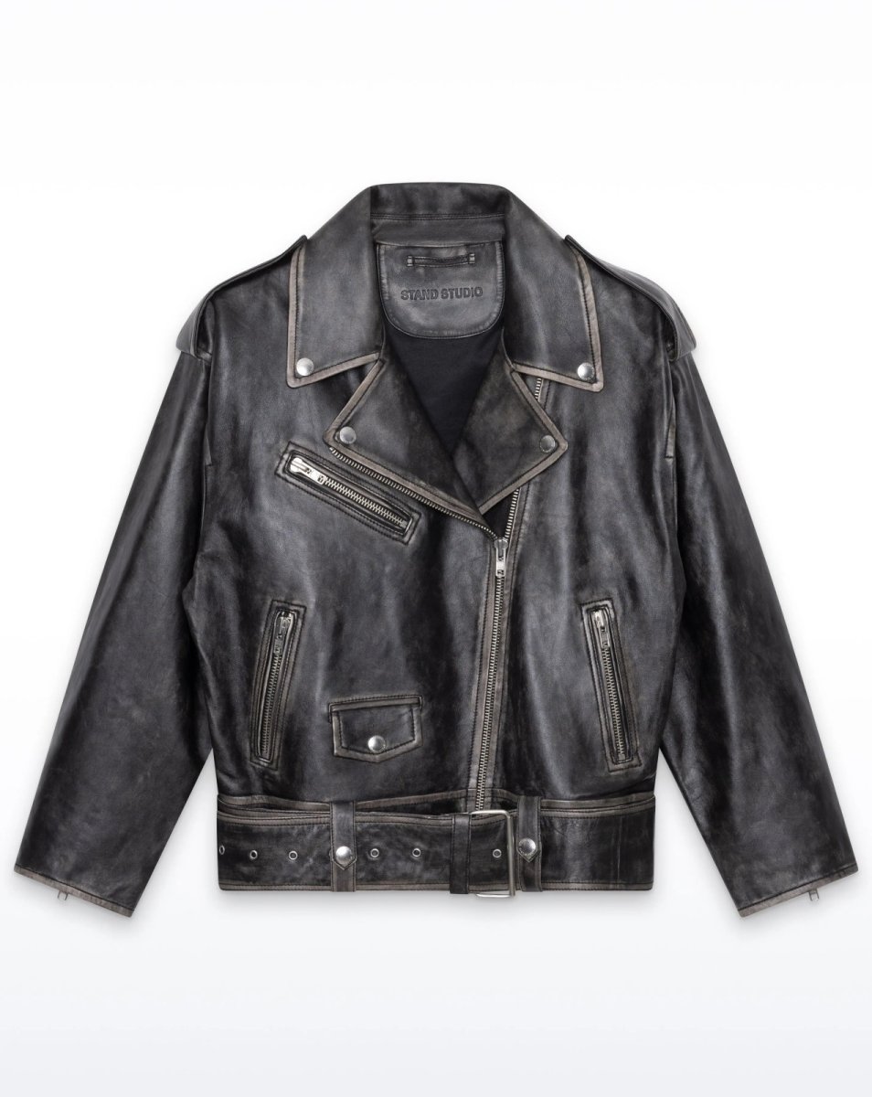 画像1: STAND STUDIO - Isobelle Biker Leather Jacket バイカーレザージャケット - Worn Black (1)