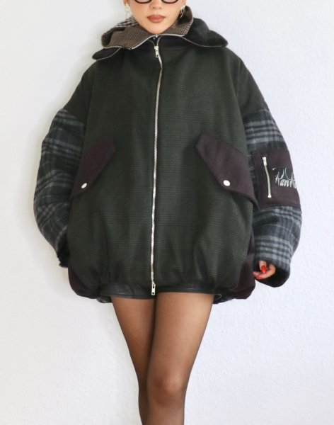 画像1: ［RAVE REVIEW］BILLIE BOMBER JACKET - DARK GREEN x GREY CHECK (1)