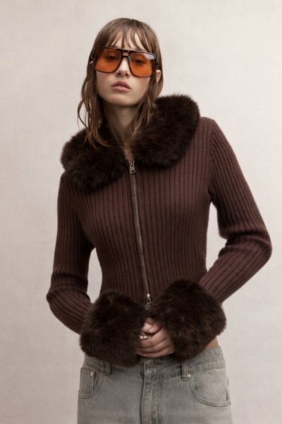 画像11: 【50%OFF】［HOUSE OF SUNNY］Chocolate Peggy  脱着ボア付きジップアップニット - Brown (11)