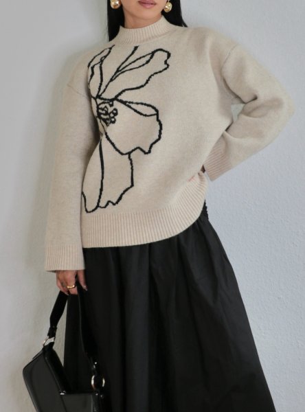 画像1: 【ANOTHER GIRL】Cream Floral Intarsia Oversized Jumper / オーバーサイズニットトップ (1)