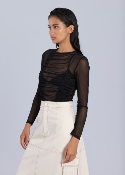 画像3: 【30%OFF】［ESTHE］Gathered Mesh Long Sleeve Bodysuit  ギャザーメッシュボディスーツ - Black (3)