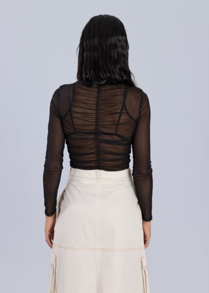 画像4: 【30%OFF】［ESTHE］Gathered Mesh Long Sleeve Bodysuit  ギャザーメッシュボディスーツ - Black (4)