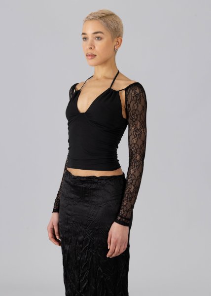 画像2: 【40%OFF】［ESTHE］Sheer Lace Sleeves Top  レーススリーブトップ - Black (2)