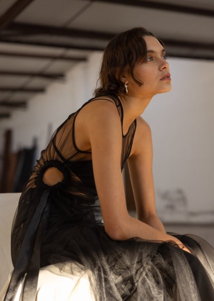 画像7: 【40%OFF】［ESTHE］Tiered Tulle Cut-Out Maxi Dress チュールロングドレス - Black (7)