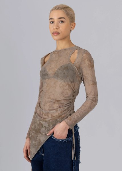 画像3: 【40%OFF】［ESTHE］Cut-Out Mesh Asymmetric Top  カットアウトアシンメトリートップ - Brown Moonstone (3)