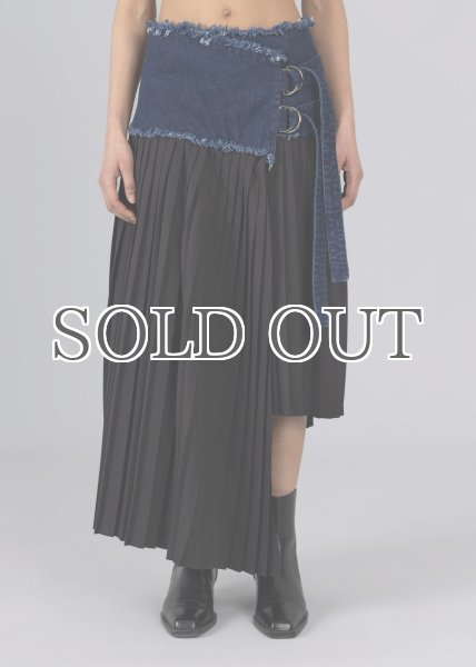 画像5: ESTHE - Pleated Asymmetric Wool and Denim Midi Skirt  デニム x プリーツスカート - Navy/Black (5)