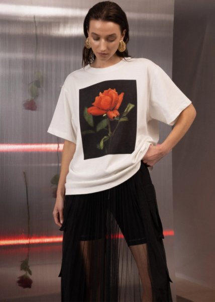 画像1: 【12月下旬発送】［ESTHE］Rose Print Cotton T-Shirt  -  WHITE (1)