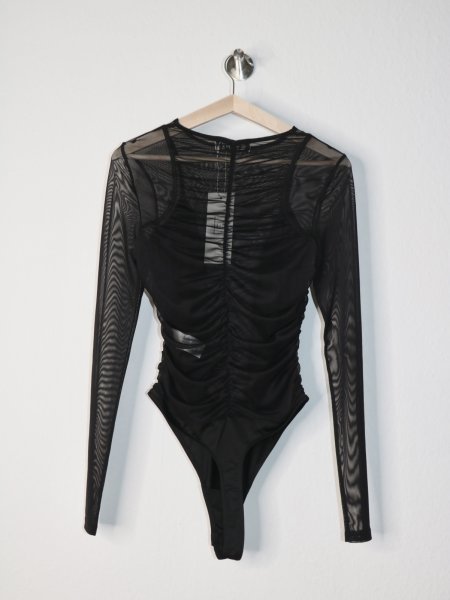 画像7: 【30%OFF】［ESTHE］Gathered Mesh Long Sleeve Bodysuit  ギャザーメッシュボディスーツ - Black (7)