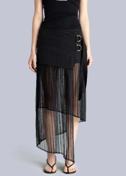 画像1: ESTHE - PLEATED ASYMMETRIC MIDI SKIRT  アシンメトリーラップスカート - BLACK (1)