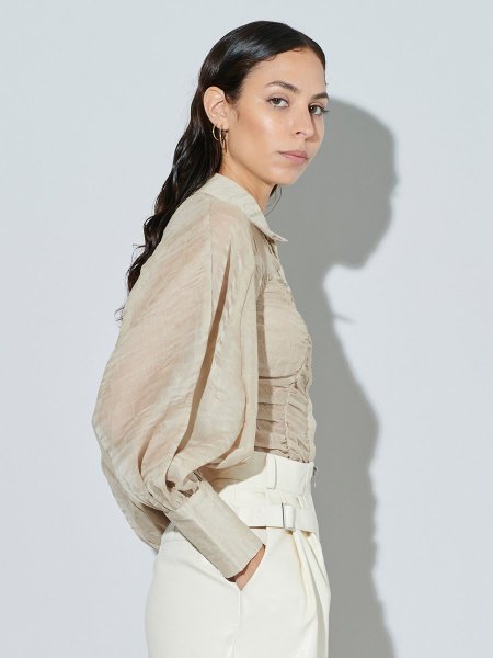 画像5: 【50%OFF】［GHOSPELL］Shallow Ruched Shirt／シャーリングシアーブラウス - Hazelnut  (5)