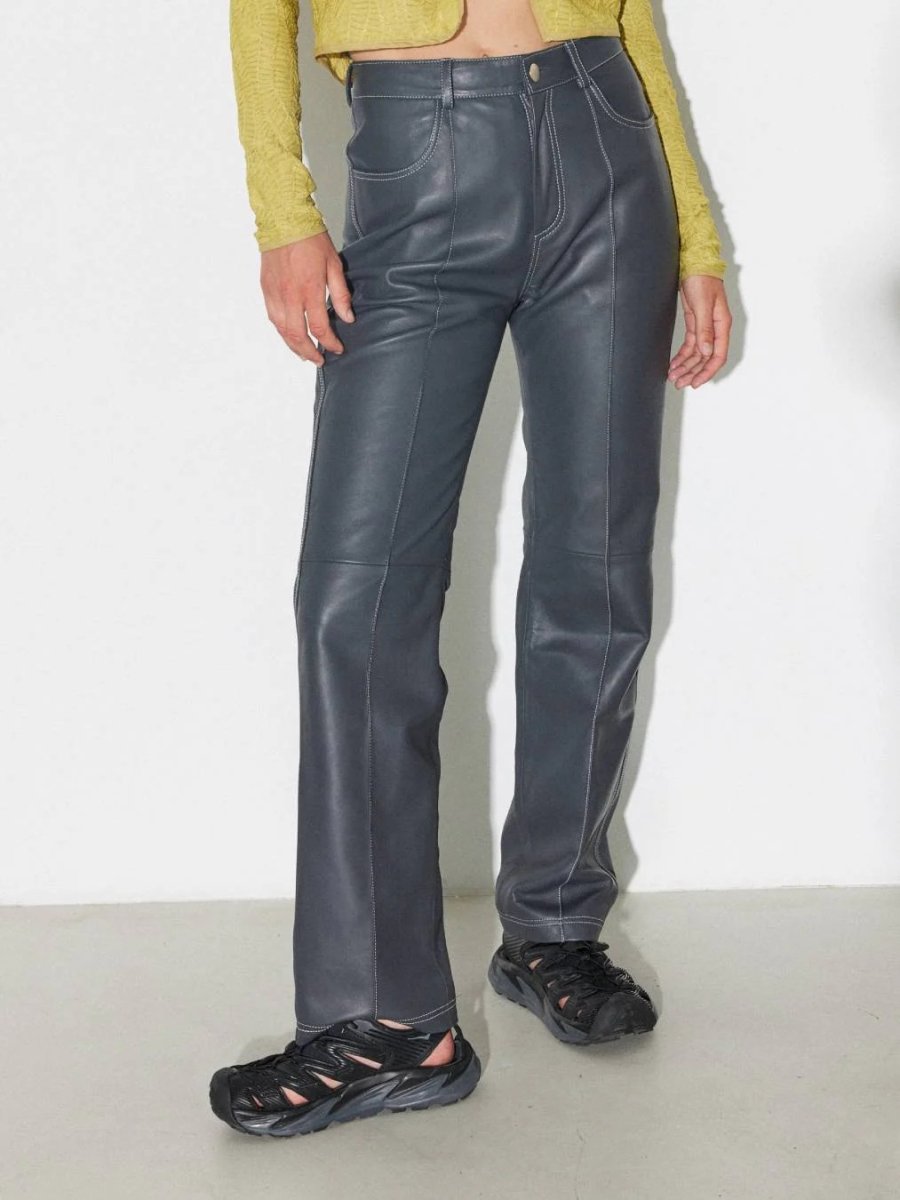 画像1: HOSBJERG - Nana Leather Pants ストレートレザーパンツ - Dark Grey (1)