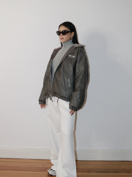 画像8: ［HOUSE OF SUNNY］Vegan Leather Hoodie Jacket  ヴィーガンレザーフーディジャケット - Dark Grey (8)