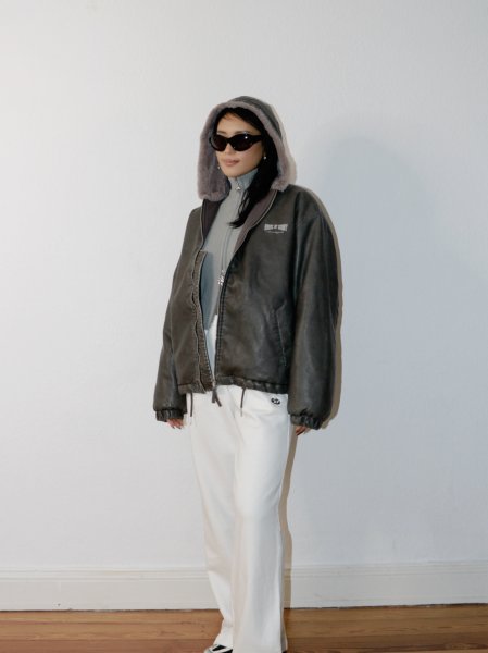 画像9: ［HOUSE OF SUNNY］Vegan Leather Hoodie Jacket  ヴィーガンレザーフーディジャケット - Dark Grey (9)