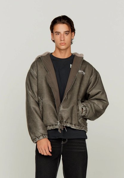 画像12: ［HOUSE OF SUNNY］Vegan Leather Hoodie Jacket  ヴィーガンレザーフーディジャケット - Dark Grey (12)