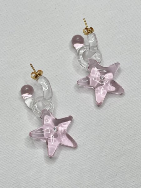 画像2: LEVENS - MINI GLASS HOOP + STAR CHARM EARRINGS ガラス製チャーム付きフープピアス - PINK (2)