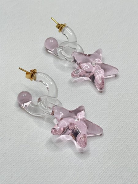 画像3: LEVENS - MINI GLASS HOOP + STAR CHARM EARRINGS ガラス製チャーム付きフープピアス - PINK (3)
