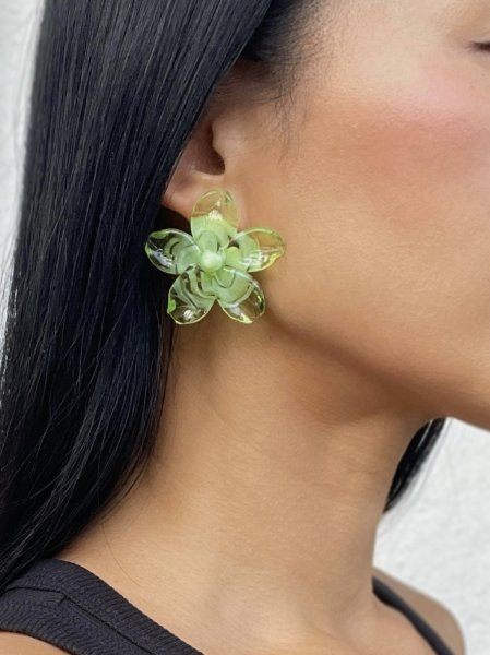 画像1: LEVENS - HIBISCUS EARRING ガラス製 ハイビスカス ピアス - GREEN (1)
