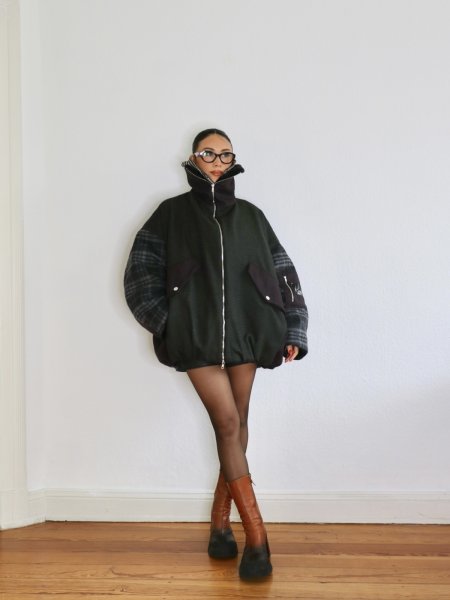 画像4: ［RAVE REVIEW］BILLIE BOMBER JACKET - DARK GREEN x GREY CHECK (4)