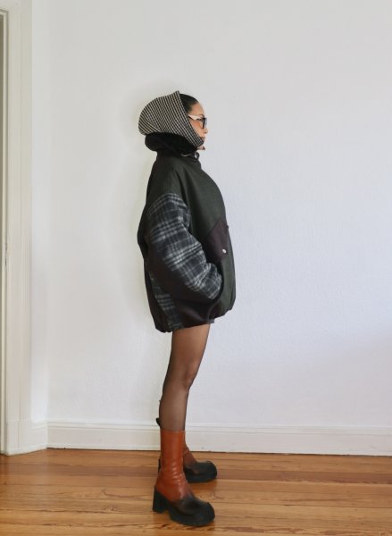 画像6: ［RAVE REVIEW］BILLIE BOMBER JACKET - DARK GREEN x GREY CHECK (6)