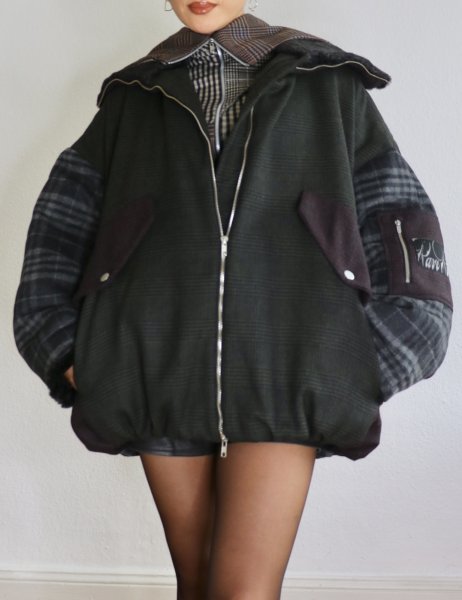 画像2: ［RAVE REVIEW］BILLIE BOMBER JACKET - DARK GREEN x GREY CHECK (2)