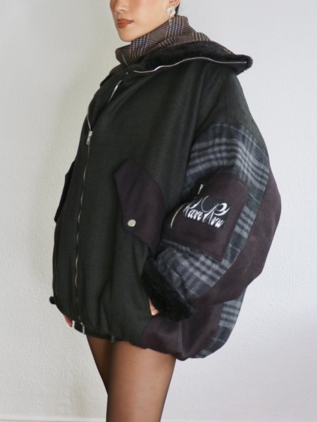 画像3: ［RAVE REVIEW］BILLIE BOMBER JACKET - DARK GREEN x GREY CHECK (3)