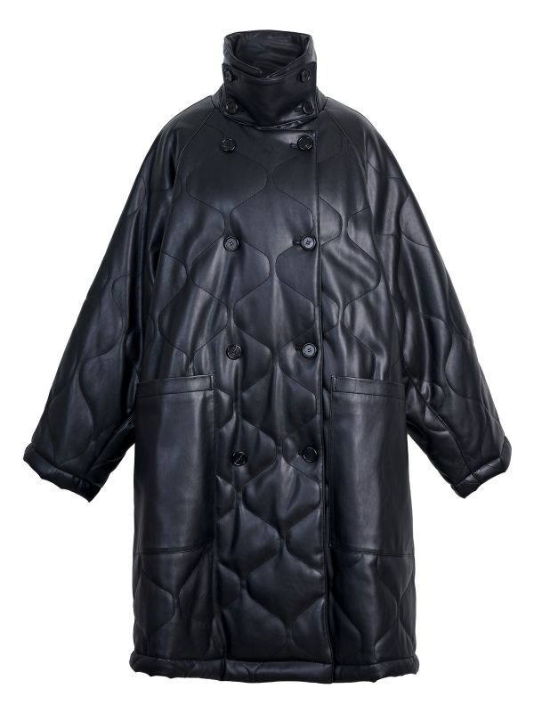 【DRAE 】FAUX LEATHER SHELL-QUILTED COAT／キルティングエコレザーオーバーサイズコート［BLACK］